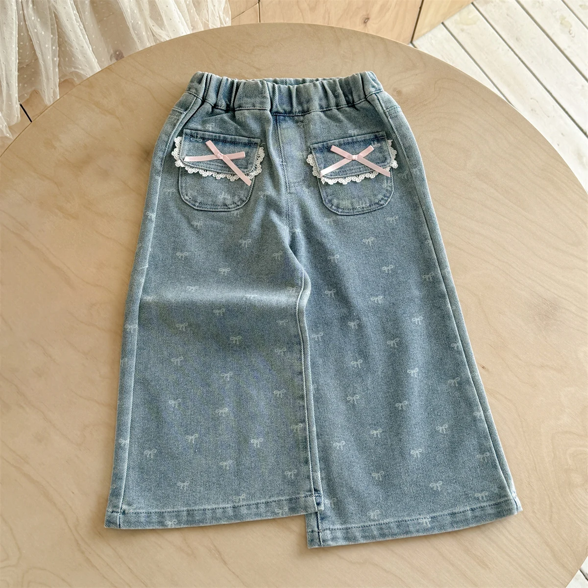 

Fashion Girls' Jeans Autumn Sweet Bow Printed Loose Wide Leg Pants Korean Baby Girls Lace Pocket Straight Denim Trousers