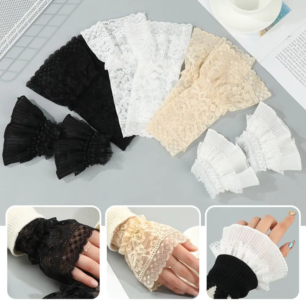 Guantes decorativos de protección solar para suéter, cubierta de brazo desmontable, puños de encaje, manga falsa, volantes, manga de codo, 1 par