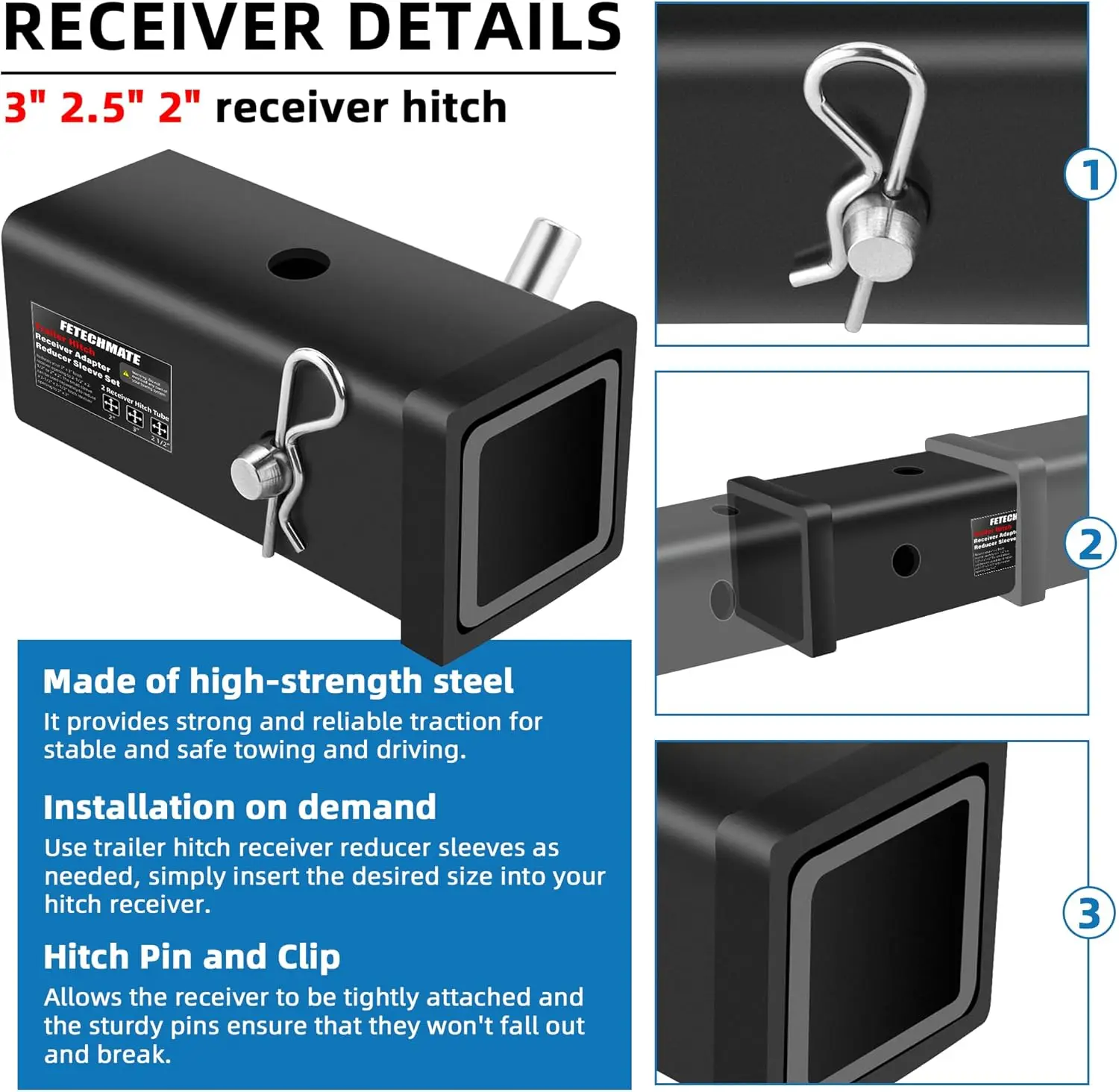 Fetechmate 3' to 2' & 2-1/2' Trailer Hitch Extender Adapter Set, Carbon Steel with Pin & Clip