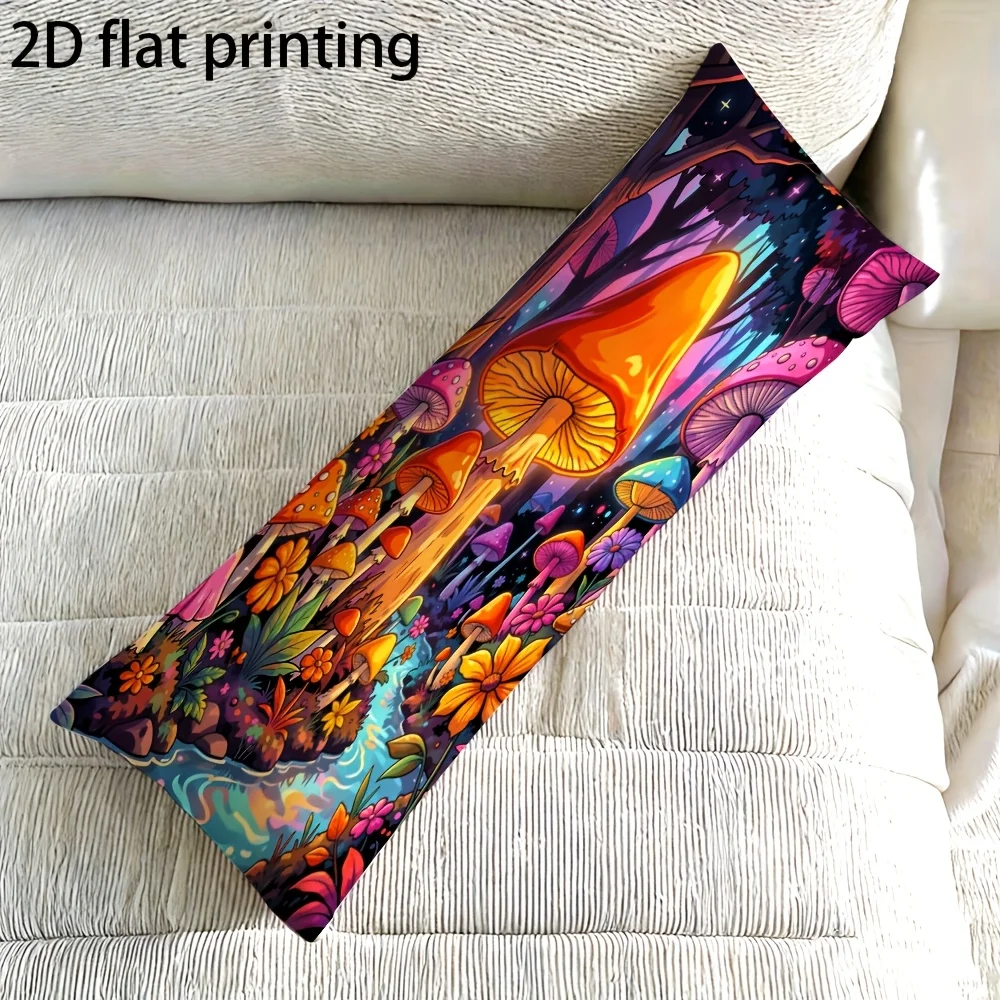 Long Pillowcase, 2D Printed Design, Fantasy Forest Mushroom Stream Pattern, Durable Fabric, Full-body Support Pillow Cover, Cush