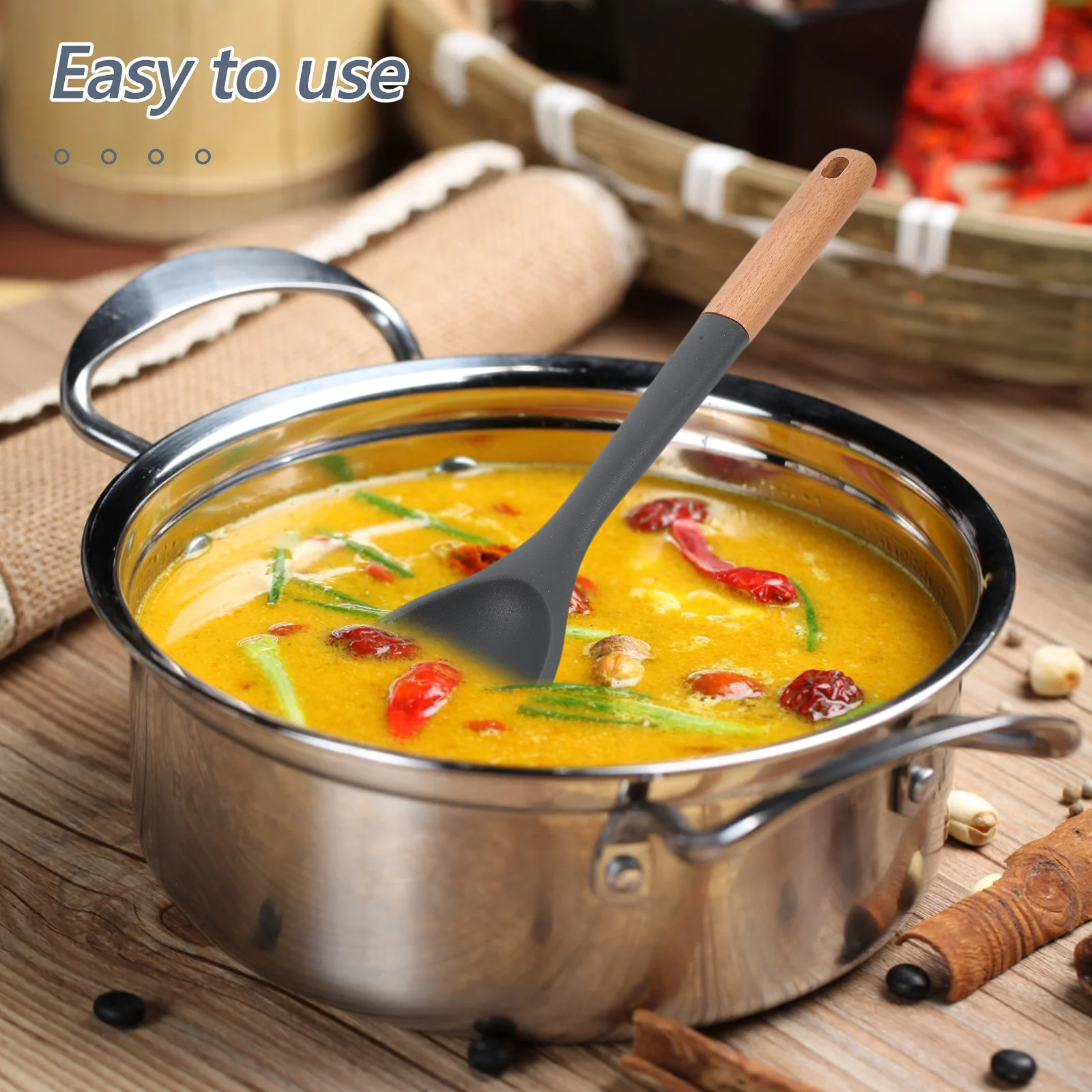 

Silicone Cooking Spoon Long Wood Handle Non-Stick Resistant Scratch- Tool For Stirring Frying Scooping Soup