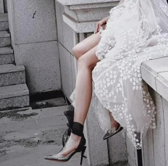 Red White Black Mesh Ribbon Lace-Up Butterfly-Knot Sandals Clear PVC Crystal Pointed Toe Slingback Banquet Dress Pumps - view 6