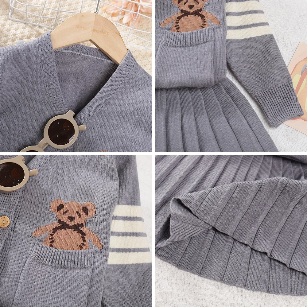 Grey Bear Printed Pocket Cardigan+solid Color Pleated Skirt 2-piece Sets for Winter Korean Version Simple Kids Clothes Girls