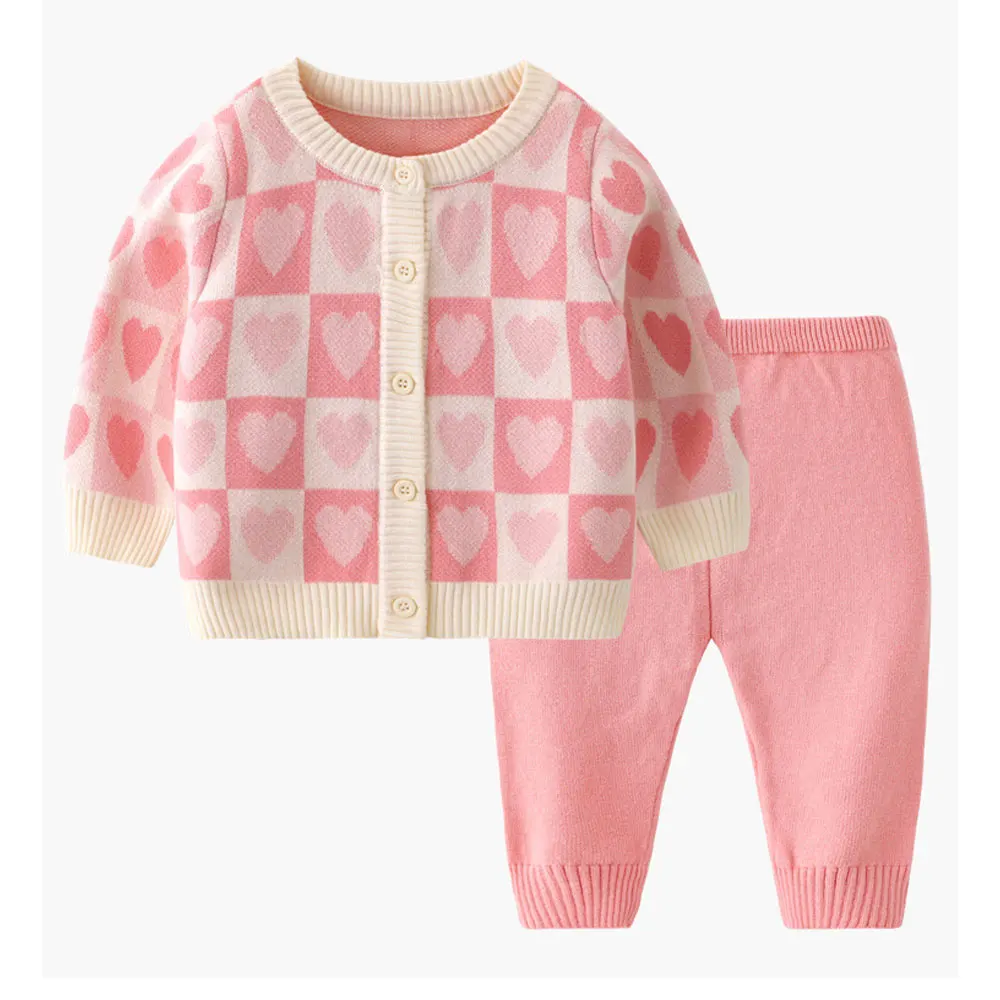 Spring fall baby Girls' Clothes Outfits Sets Flat Needle Knitted Cardigan Sweater+Pants suit for infant Girl Clothing Check sets