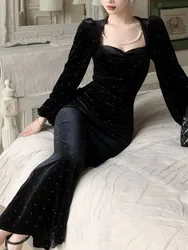 Winter New Women Fashion Elegant Velvet Black Mermaid Dress Vintage Slim Solid Lantern Sleeve Dresses Evening Party Female Robe