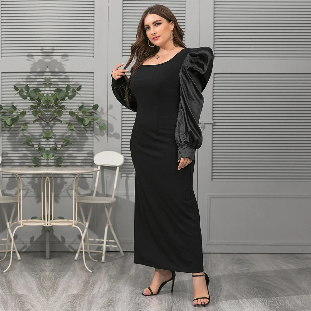 New Plus Size Women Dresses Fashion Square Neck Bubble Sleeve Loose Elegant Dress Casual Elegant Splicing Solid Color Dress 2023