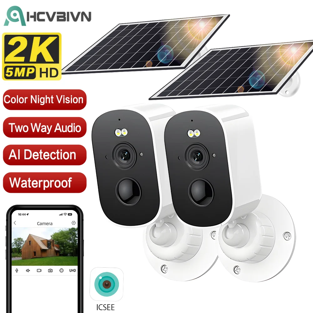 Outdoor 5MP 2K HD Wireless Solar Security Camera Wifi Connection with 4800mAh Rechargeable Battery IP66 Waterproof PIR Human Motion Detection Smart Alarm Night Vision Two Way Audio Surveillance System Compatible with ICSEE APP for Home Garden