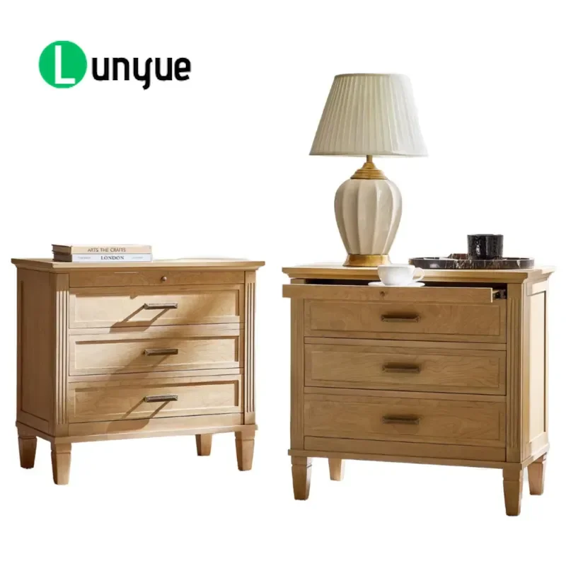 Farmhouse Wooden Nightstand with 3 Drawers Pull Out Tray Open Shelf Charging Station Antique Bedroom Furniture Storage
