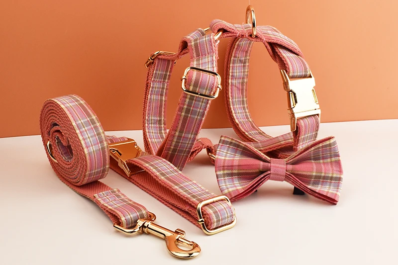 Kariertes Hundehalsband und Leinen-Set für Hunde, individuell graviertes Namensschild, Heimtierbedarf, Hundeleine, Gittermuster 14 – Detail 11