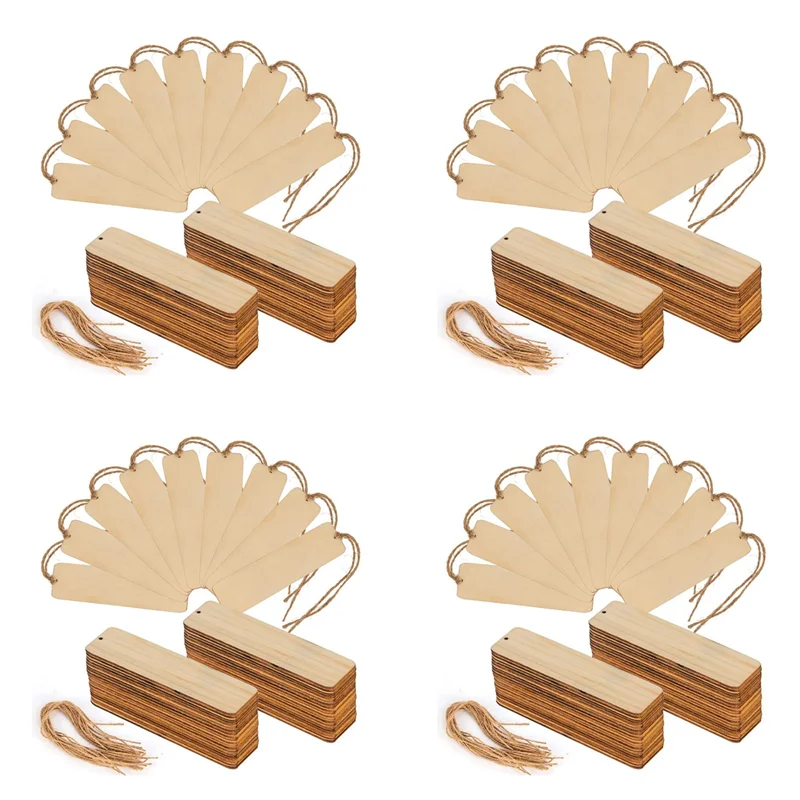

200 PCS Wood Blank Bookmarks Unfinished Wooden Book Marks Hanging Tag With Holes And Ropes DIY Craft Projects