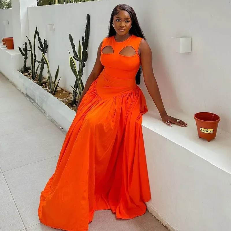 

Fashion Women's 2025 New Summer New Sweet and Cute Round Neck Hollow Slim Fit Long Sleeveless Dress Robe Vestido Women Elegant