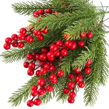 10Pcs Christmas Decoration Artificial Pine Branches Holly Berries Red Berry Branches for…