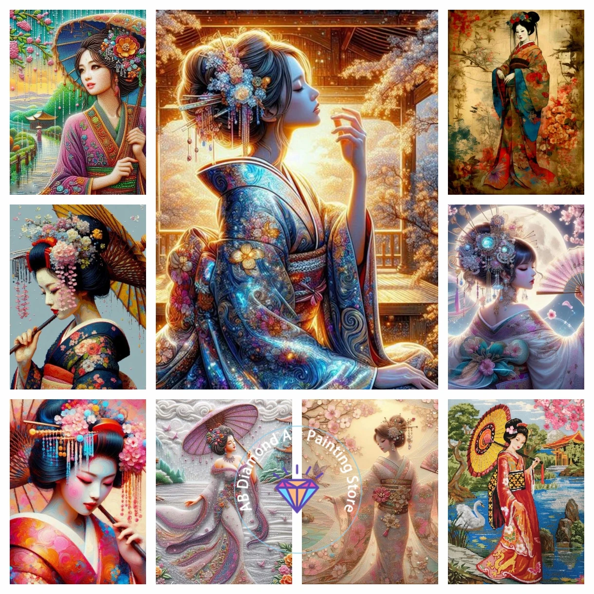 

AB Diamond Painting Kits Cross Stitch Japanese Woman 5D Diamond Embroidery Portrait Full Mosaic Decor For Home Children's Gift