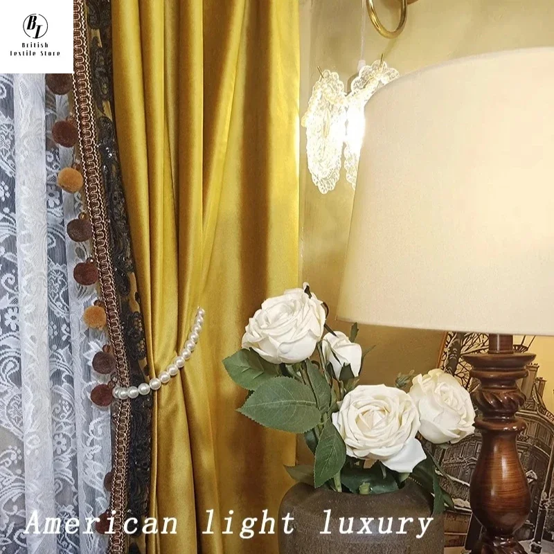 

Custom Size！！American Retro Luxury Gold Velvet Black Lace Pompon Patched Fashion Curtains for Living Dining Room Bedroom Decor