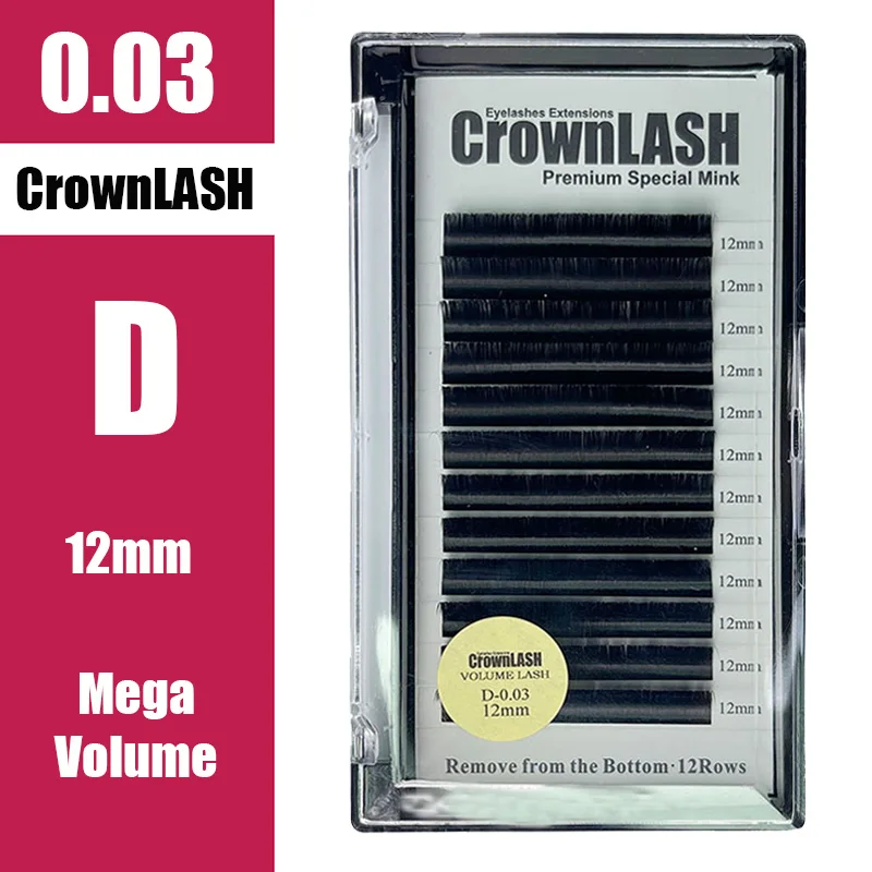 0.03 Mega Volume Lash 0.03 Eyelash Extension B C D  8-15mm Single Size Tray CrownLASH Black Soft Premium PBT Material Semi-Gloss