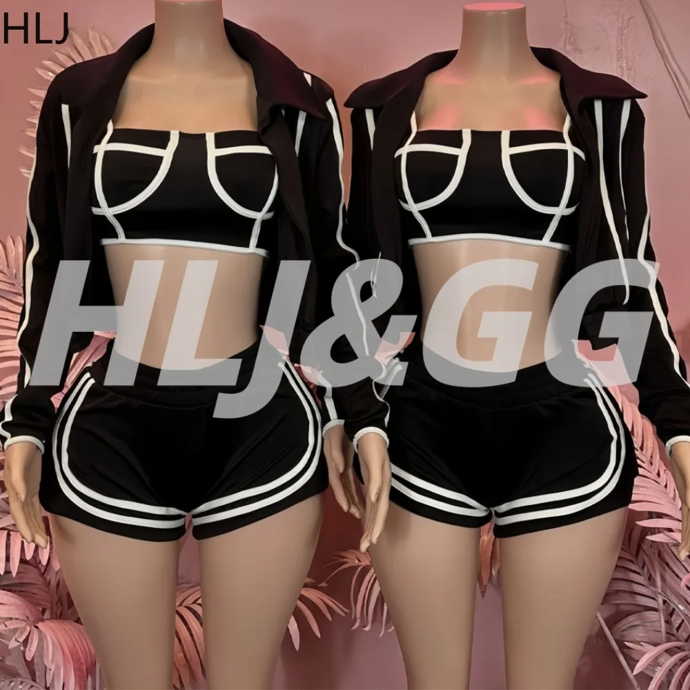 HLJ Mode Sportieve 3-delige set voor damesoutfits Effen kleur Streep Patchwork Crop-jack + hemdje + shorts Vrouwelijke streetwear