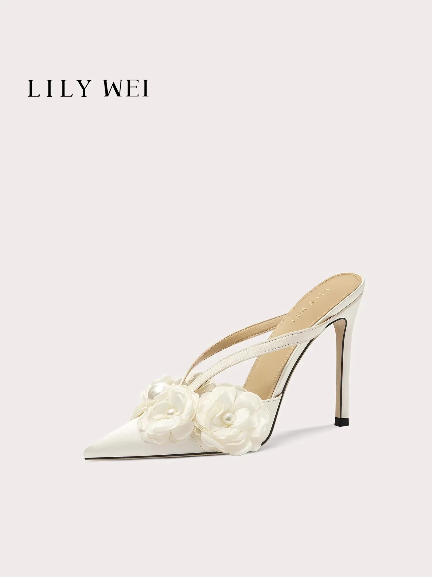 Summer pointed satin pearl camellia flat fashion slippers banquet large size small size widened version high-heeled women sandal