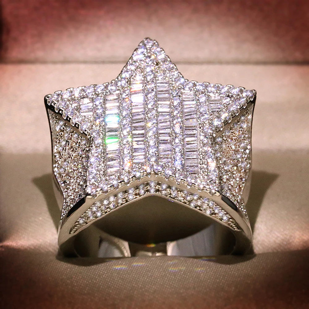 AZ Five-Star Iced Out Rings Men\'s Gold Silver Color Bling Cubic Zirconia Jewelry Ring Gifts Couple Wedding Rings Women Jewelry