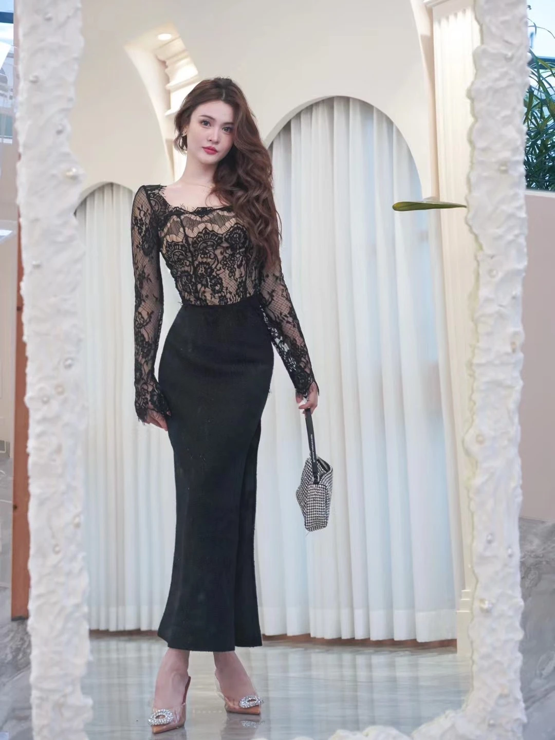 

Early Autumn New Lace Slimming Women's irt Square Collar Base Top f Skirt Commute Sle ort Length Polyester Fiber