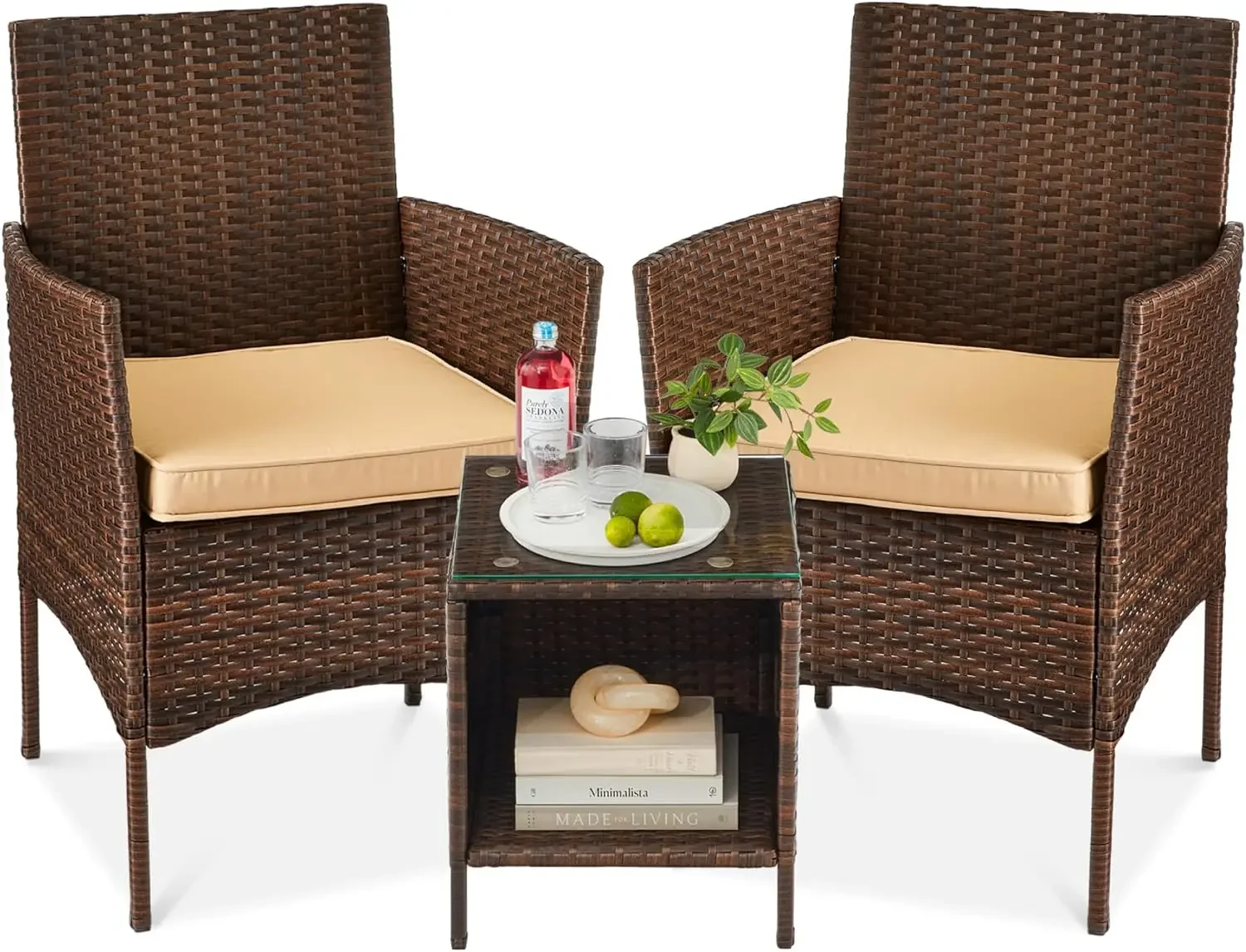 3-Piece Outdoor Wicker Conversation Bistro Set, Space Saving Patio Furniture for Garden w/Side Table - Brown/Tan