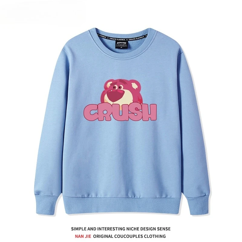 Otoño e Invierno de alta calidad con estampado de oso de fresa suéter de cuello redondo lindo para mujer 2025 nueva pareja suelta deportes Top ropa escolar