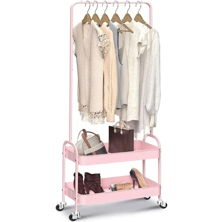 2-in 1 Garment Rack, Clothing Rack with 2 Tier Metal Basket, Rolling Storage Cart Clothes Organizer Coat Rack Storage