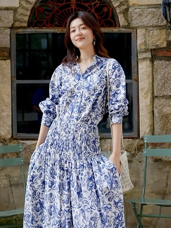 

MaSandeM Early Autumn New Women's Faion Long Sve Pure Cotton Printed Cerc Blue irt Top CM0066 Straight Cut Regular Fit