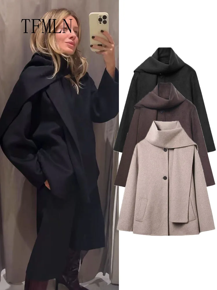 

TFMLN 2025 Autumn Winter Women Casual Scarf Collar Coats Fashion Single Breasted Pockets Loose Outerwear Commuting Street Jacket