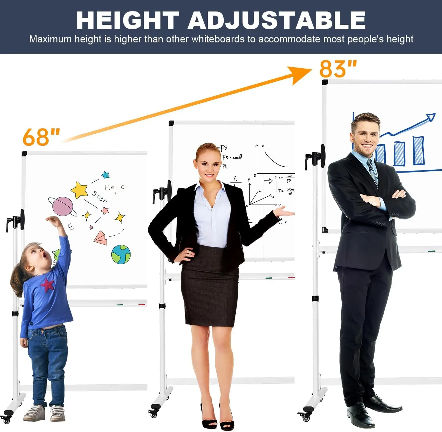 Mobile Whiteboard 48 X 36 Inches Height Adjustable Large Standing White Board on Wheels