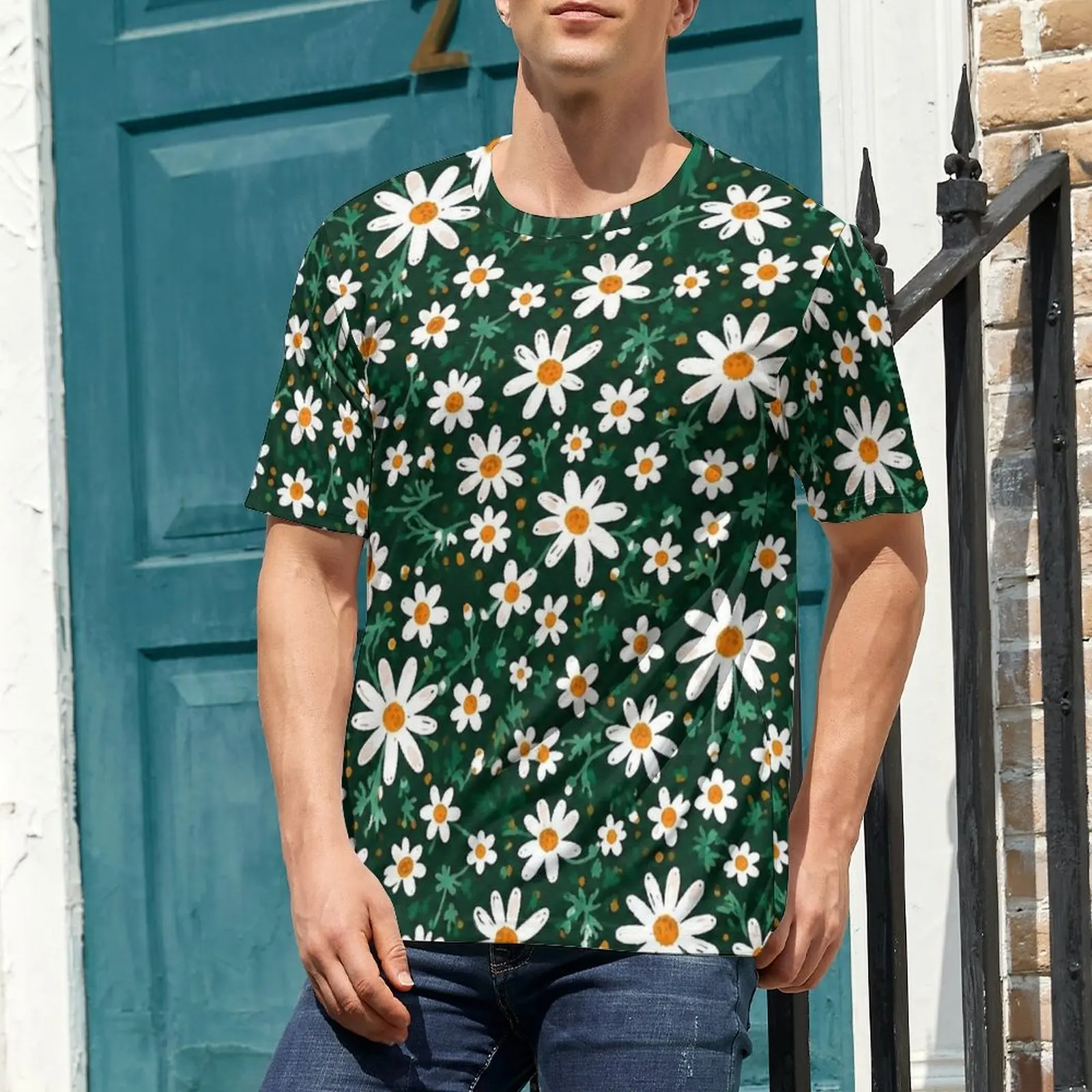 Forest Green Daisy Field Print T Shirt For Men Design O Neck T Shirts Premium Fashion Clothing Short Sleeve Funny Plus Size Tees