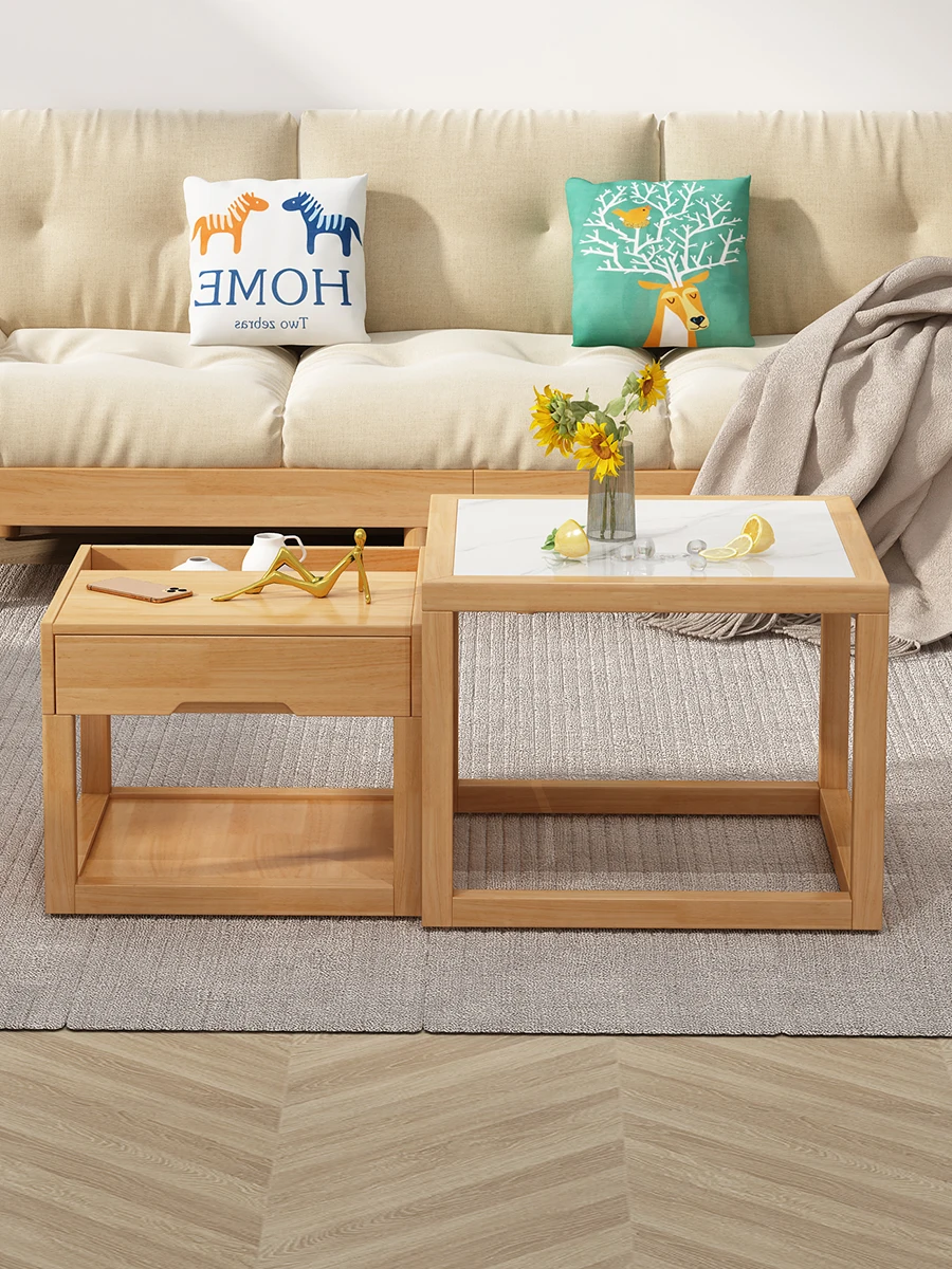 Table Basse Carrée Rétractable Simple, Petite Table de Salon, Canapé d'Appoint, Rangement, Petite Unité, Style Nordique