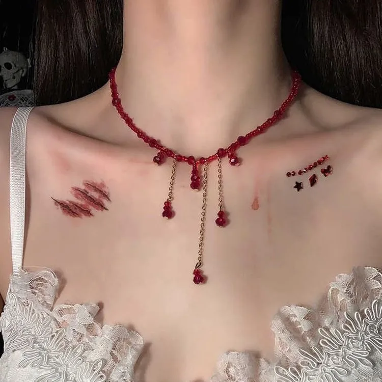 Blood Drop Crystal Necklace, Halloween Tassel Copper Wrapped Iron Choker, Women's Vintage Minimalist Jewelry