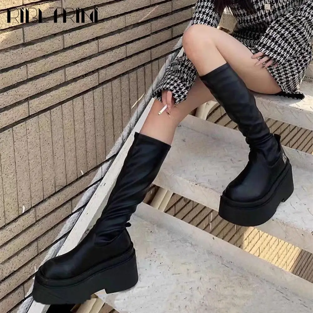 Punk Goth Women Motorcycle Boots Thick High Heeled Platform Shoes Knee High Slip On Designer Winter Luxury Trendy Street Boots