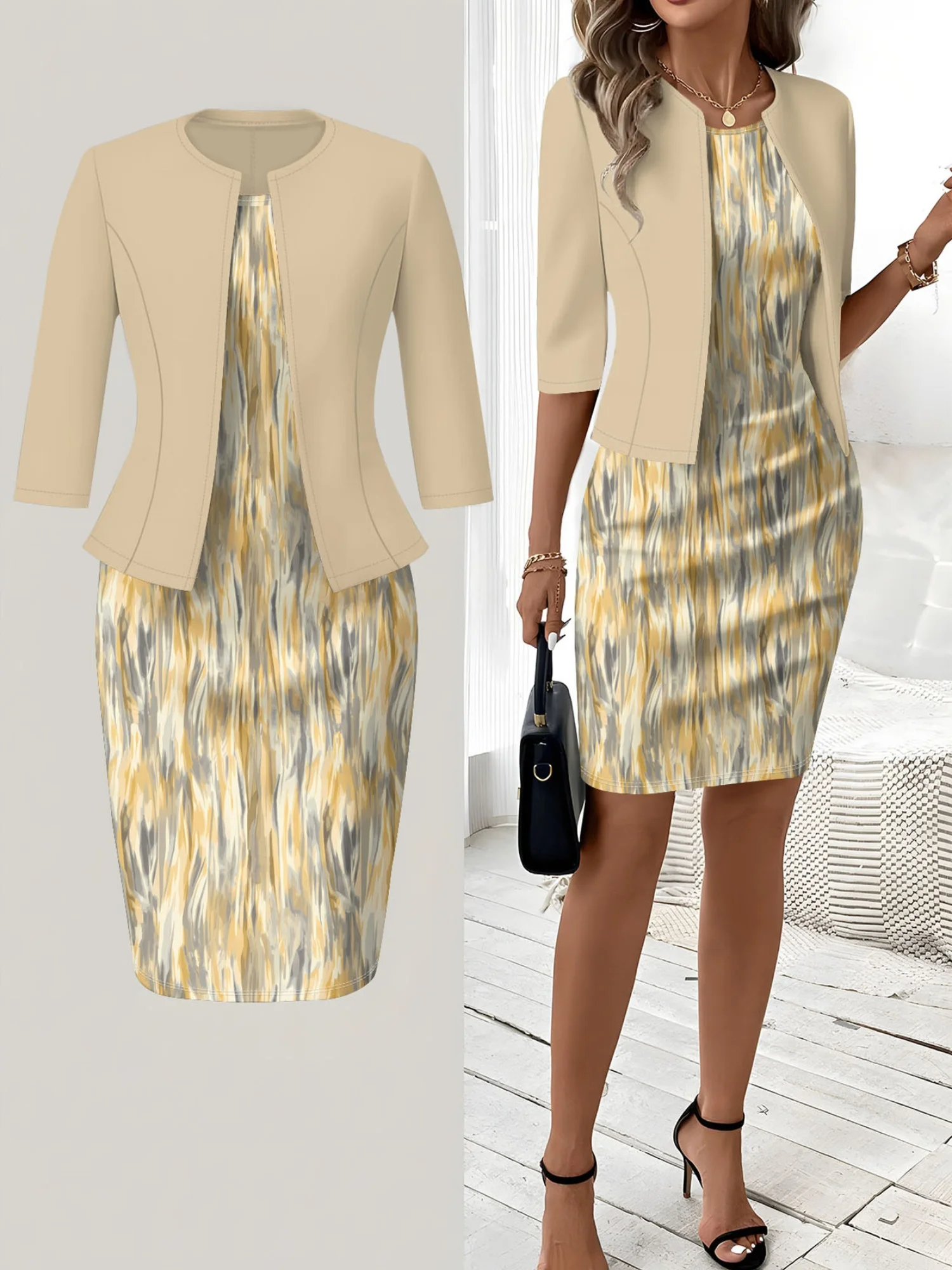 Print Design Casual Style Yellow Grey Mixed Ink Flow Print Round Neck Sleeveless Dress Set