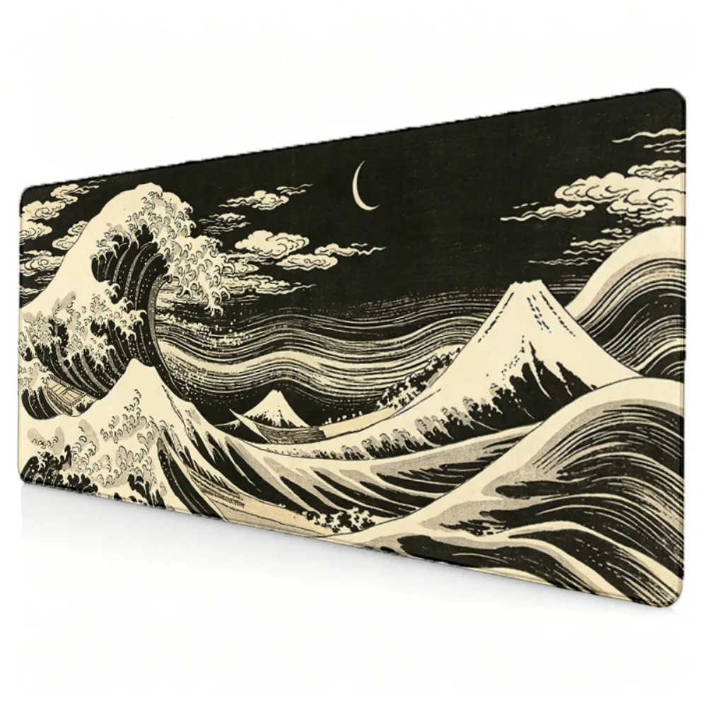 Ukiyo-e crescent moon big wave Mount Fuji desktop pad - Anti-slip base plate gaming mouse pad, suitable tapis de souris