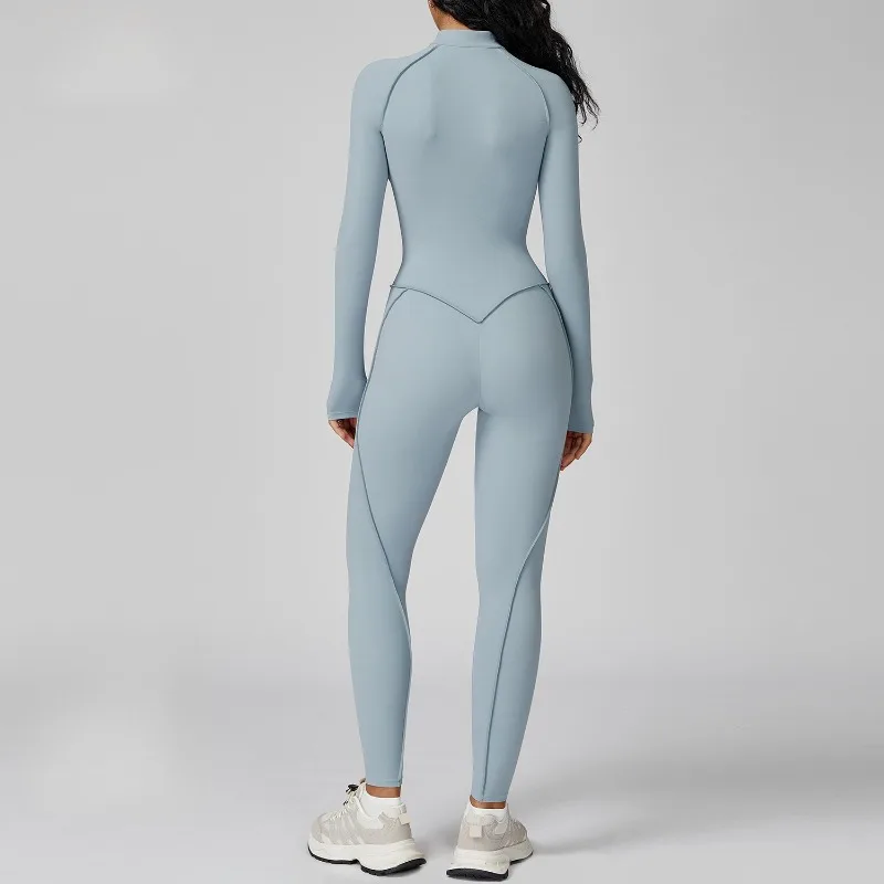 

Women's Yoga Jumpsuit Contrasting Color Stand Up Collar Half Zipper Long Sleeved High-intensity Exercise One-piece Fitness Suit