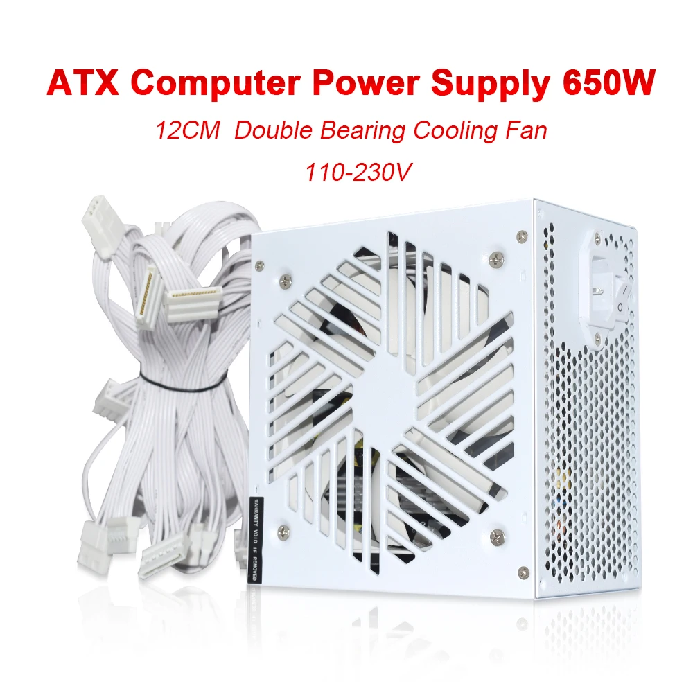 

New 110-264V 20+4Pin White Power Supply 650W E-Sports Video Game Computer PSU ATX-650W 12CM Low Noise Cooling Fan