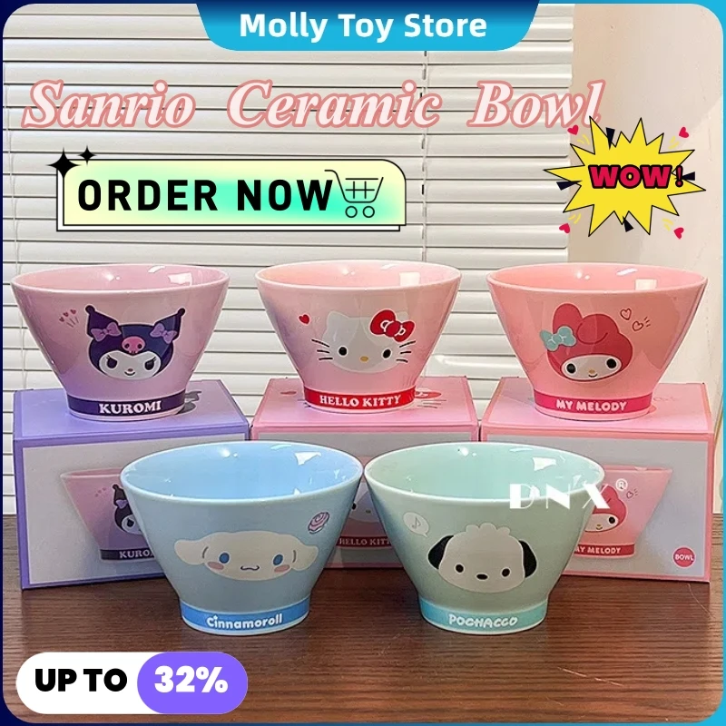 Anime Cartoon Sanrio Character Peripheral Ceramic Ramen Bowl Hello Kitty Tableware Salad Bowl Large Capacity Household Soup Bowl