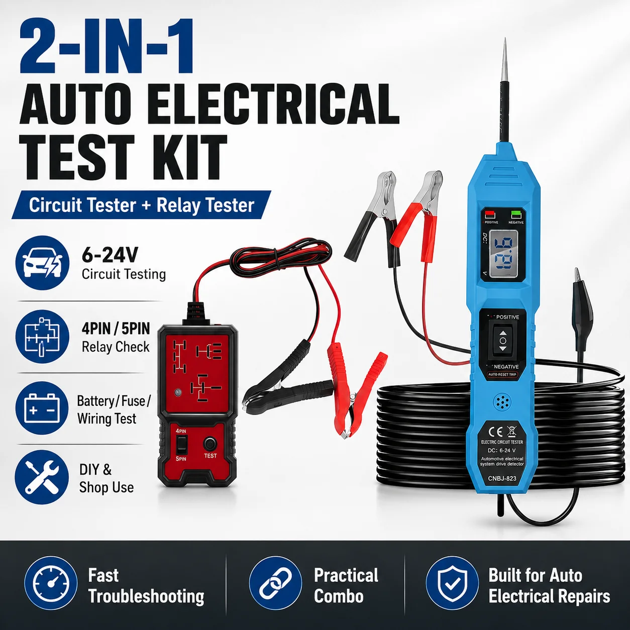 Professional Automotive Tester Kit 2Pcs, Cnbj-823 Digital Lcd Voltage Probe + Cnb-707 12V Relay Analyzer, Vehicle Electrical Diagnostics