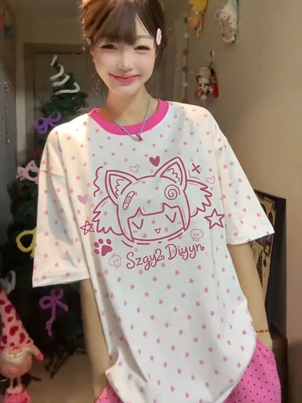 

Loose Short Sleeve T-Shirt Women Summer Lazy Design Sense Sweet Japanese Style Print Star Color Collision Half Sleeve Top