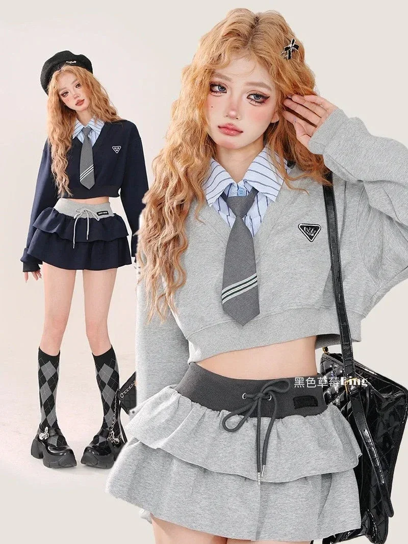 

Sweet Hot Girl College Style Suit Women's Autumn Loose Spliced Shirt Slim A-line Mini Skirt Two-piece Set Fashion Female Clothes
