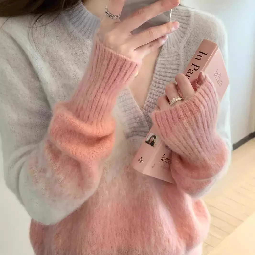 Women Knitted Pullovers Jumpers Gradient Sweaters V Neck Long Sleeve Loose Fit Office Lady Elegant Casual Autumn Winter 2026