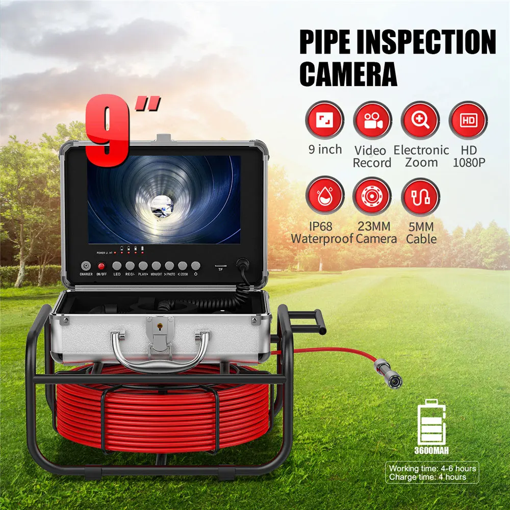 

DVR Recording Function 9" Monitor Pipe Inspection Camera IP68 Drain Sewer Pipeline Industrial Endoscope