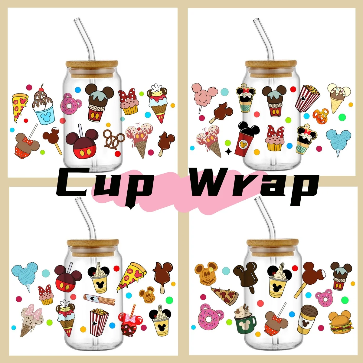 Novo dos desenhos animados bonito micky comida 3d decalque uv dtf copo envoltório para 16oz à prova dwaterproof água uv dtf transferência adesivo óculos caneca diy envoltório adesivo