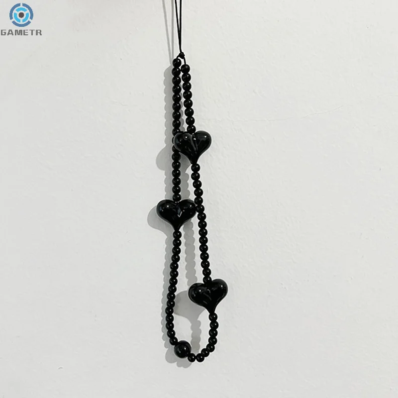 Korean Black Heart Phone Charm Straps Acrylic Beaded Cell Phone Chains Handy Wristlet String Lanyard Y2K Jewelry Accessories