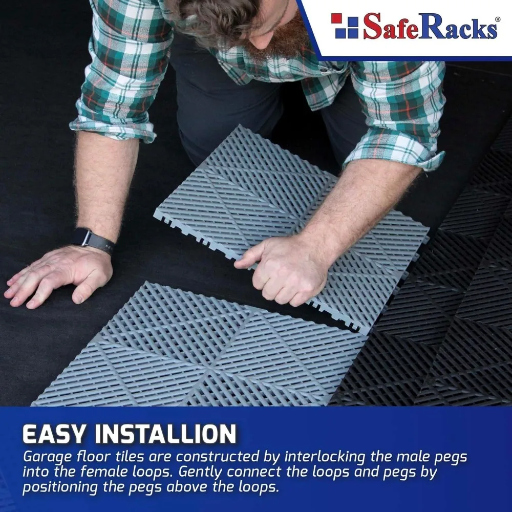 Ribbed Interlocking Garage Tiles - Vented, Self-Draining, Non-Slip, Modular Polypropylene Flooring for Enhanced Safety and Durab