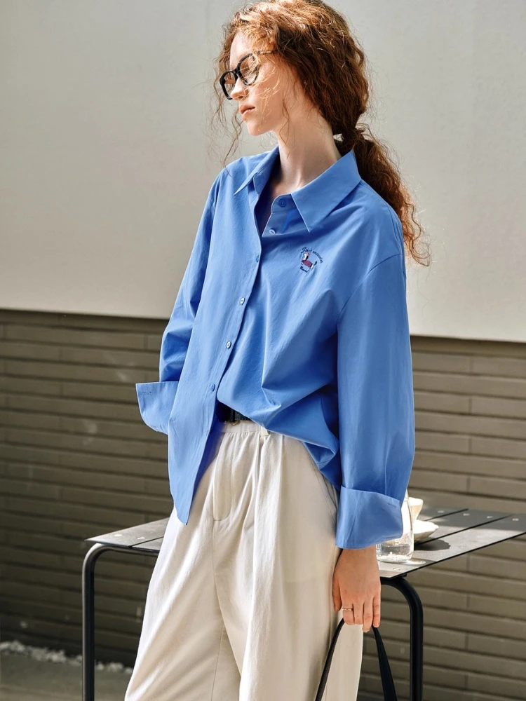 OLrain Women's 100% Cotton Blue Versatile Long Sleeve Shirt Autumn 2025 Office Commuter Elegant Casual Top O57QC95950