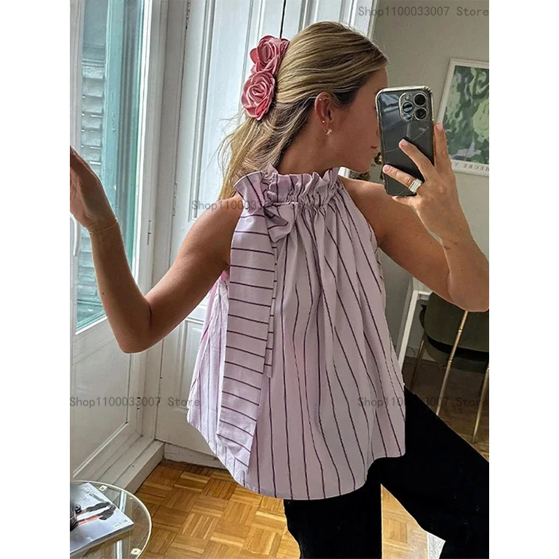 Striped Bow Lace Up Shirts For Women Fashion Causal Stand Collar Sleeveless Tops 2024 Spring Female Commuting High Street Blouse