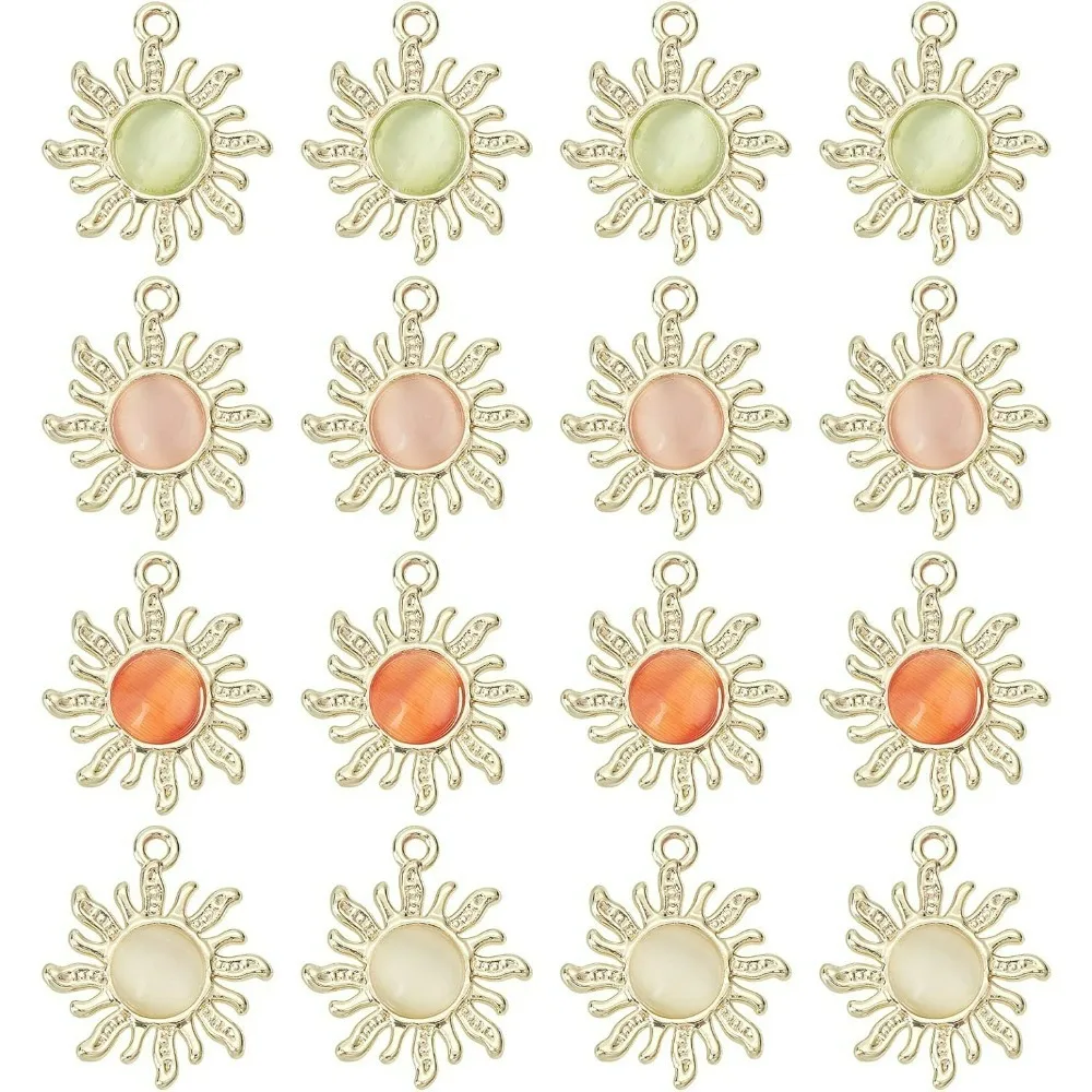 1 Box 16Pcs 4 Colors Sunflower Charms Sun Pendant Charm Colorful Glass Cabochons Half Round Beads Alloy Gold Plated Flatback