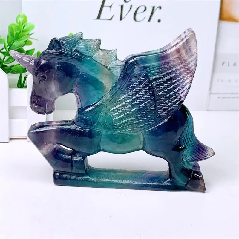 

Natural Rainbow Fluorite Unicorn Carving Carved Statue Animal Fashion Home Ornament Art Collectible Gift 1PCS